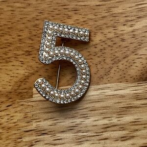 Pearl and Rhinestone Number 5 Brooch